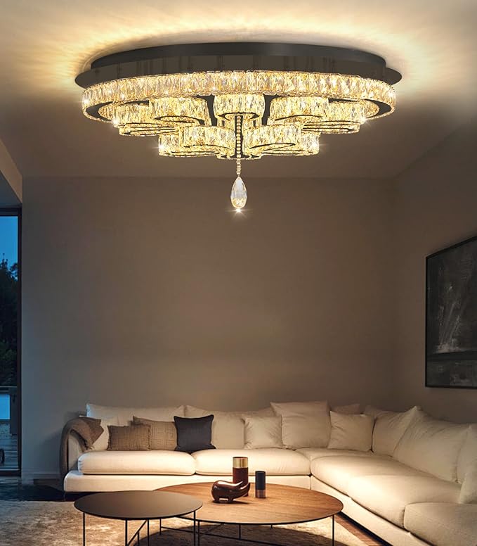 Modern Chandeliers for Living Room Crystal Chandelier Ceiling Light Fixture LED Dimmable with Remote Pendant Lighting Flush Mount Lighting for Dining Room Bedroom Black