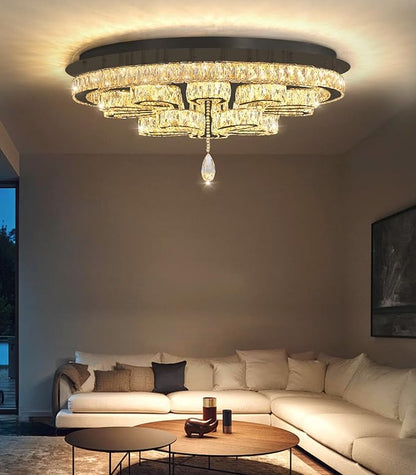 Modern Chandeliers for Living Room Crystal Chandelier Ceiling Light Fixture LED Dimmable with Remote Pendant Lighting Flush Mount Lighting for Dining Room Bedroom Black