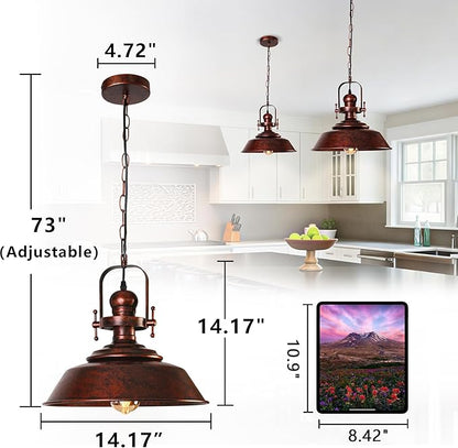 14" Copper Pendant Light, Farmhouse Industrial Vintage Hanging Light Fixture for Kitchen Island, Dining Room, Barn, Bar, Antique Red Bronze Finish