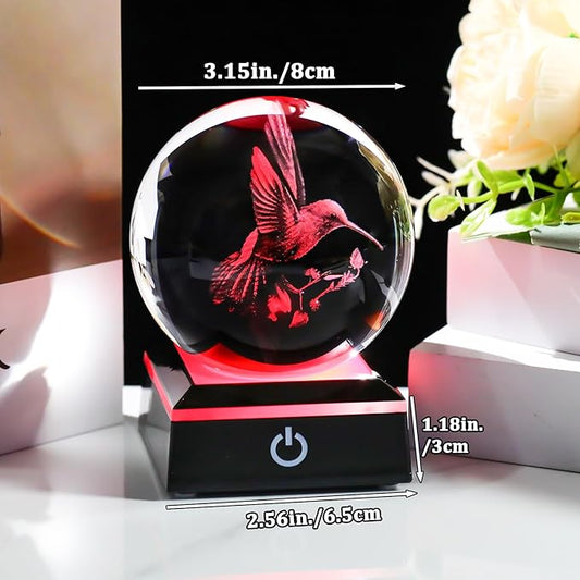 Arikyrist 3D Crystal Ball Hummingbird Figurine with LED Base, Hummingbird Gifts for Women Men on Christmas Birthday, Hummingbird Ornament Glass Decorative Ball for Home Decor (80mm)