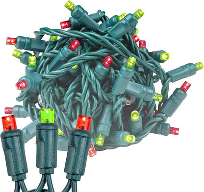 Novelty Lights 25ft 50 LED Lime Green/Red Christmas Lights Outdoor/Indoor, 6" Spacing, Green Wire String Lights for Festive Xmas Lighting, IP55, UL Listed, Dimmable, Connectable