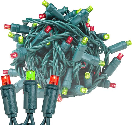 Novelty Lights 25ft 50 LED Lime Green/Red Christmas Lights Outdoor/Indoor, 6" Spacing, Green Wire String Lights for Festive Xmas Lighting, IP55, UL Listed, Dimmable, Connectable