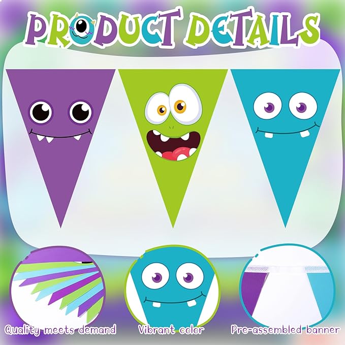 HESTYA 5 Pcs 49 ft Cartoon Monster Pennant Banner Monster Birthday Party Decoration Green Purple Blue Paper Triangle Flag Cute Bunting Garland for Cartoon Themed Party Backdrop Hanging Supplies