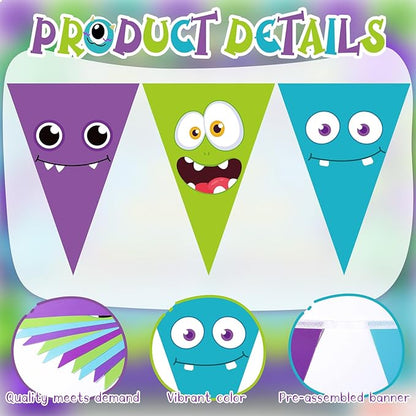 HESTYA 5 Pcs 49 ft Cartoon Monster Pennant Banner Monster Birthday Party Decoration Green Purple Blue Paper Triangle Flag Cute Bunting Garland for Cartoon Themed Party Backdrop Hanging Supplies
