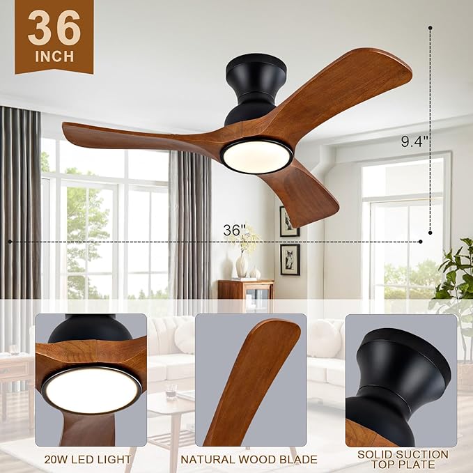 36 inch Flush Mount Ceiling Fans with Lights,Remote Control,Wall Switch,Solid Wood Blades,Dimmable,Reversible,Noiseless, Low Profile Black Ceiling Fan Indoor/Outdoor for Bedroom Patios