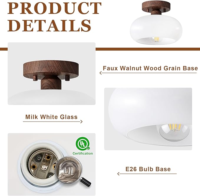 WOKNOS Mid-Century Modern Semi Flush Mount Ceiling Light, Faux Walnut Wood Kitchen Light Fixtures with Glass Shade, Mini White Close to Ceiling Lamp for Entryway Hallway Bathroom (8.66 Inch)
