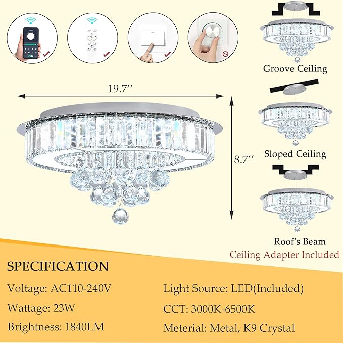 19.6" Silver Modern Crystal Chandeliers for Dining Room LED Dimmable Light Fixtures Flush Mount Light Living Room Bedrooms