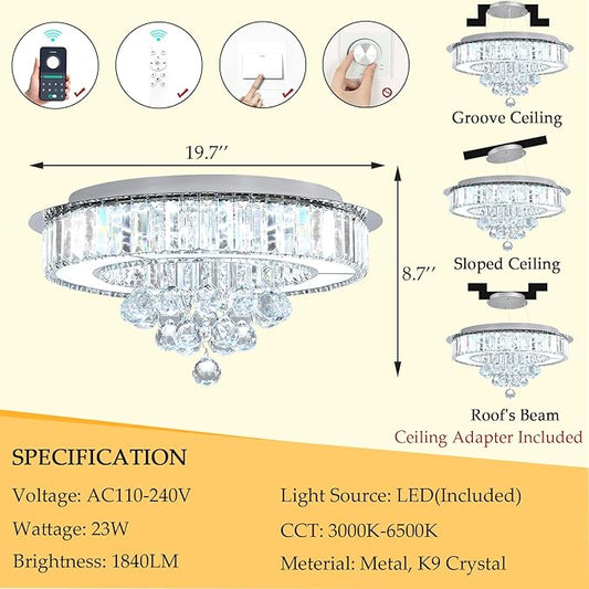 19.6" Silver Modern Crystal Chandeliers for Dining Room LED Dimmable Light Fixtures Flush Mount Light Living Room Bedrooms