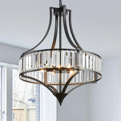 Black Crystal Dining Room Light Fixtures Over Table, Modern Farmhouse Chandelier Light Fixture, Round Large Hanging Light for Living Room Kitchen Hallway Bedroom Foyer, 21.6 Inch, 6-Light