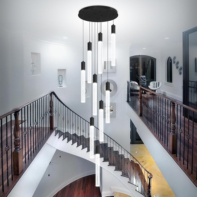 Modern 9-Light Crystal Chandelier – 98" High Ceiling Design Black Dimmable LED Pendant Light for Foyer Living Room Hallway Staircase