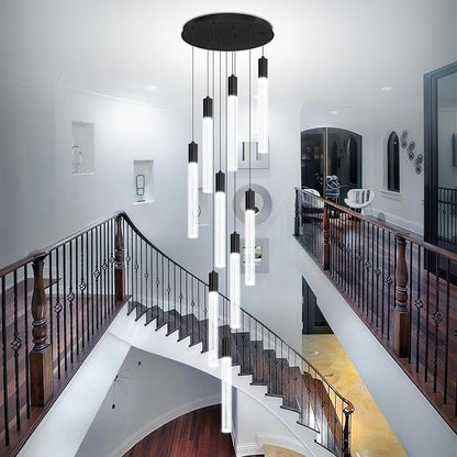 Modern 9-Light Crystal Chandelier – 98" High Ceiling Design Black Dimmable LED Pendant Light for Foyer Living Room Hallway Staircase