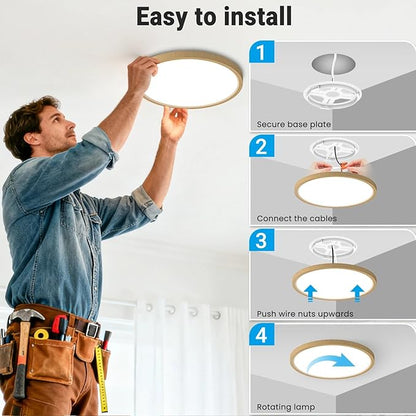 LED Flush Mount Ceiling Light,12Inch 24W,3000K/3500K/4000K/5000K/6500K 5 Color Temperatures Ceiling Light Fixture for Kitchen Porch Hallway Bedroom Bathroom and Closet,Wood