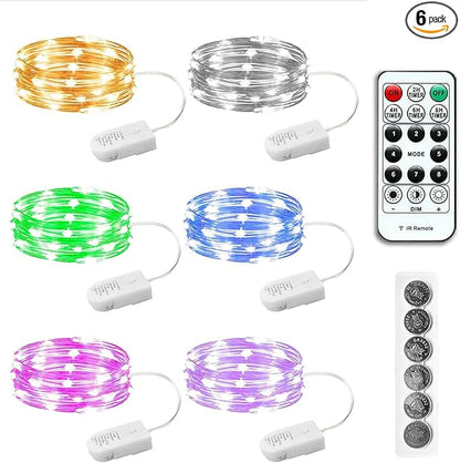 6PCS Multicolor Fairy Lights Battery Powered with Timer, 7ft 20LEDs Twinkle Mini Lights with Remote,Waterproof Small Silver Wire Firefly Starry for DIY Wedding Party Christmas