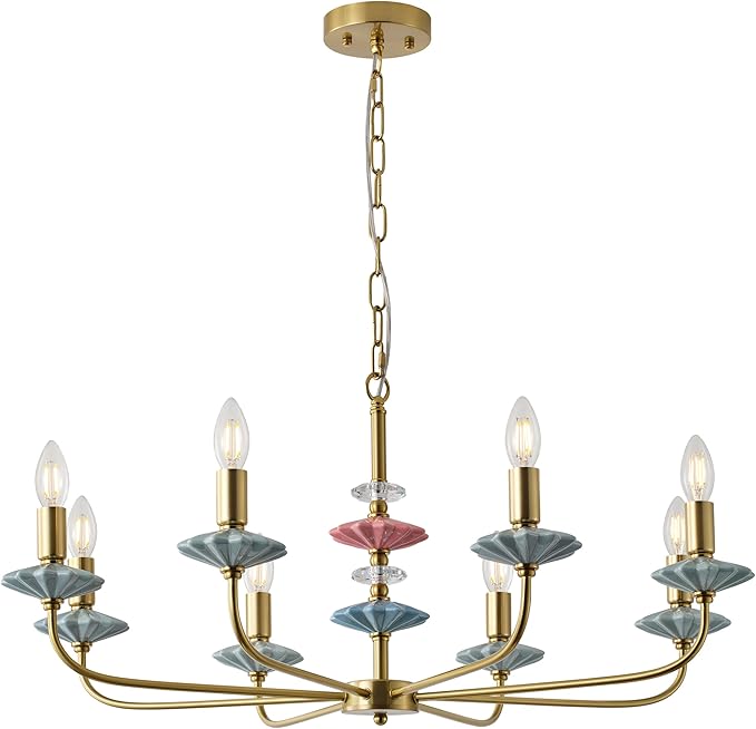 Brass Gold Chandeliers for Dining Room Light Fixture Over Table,8-Light Art Deco Chandelier, Modern Vintage Chandelier with Ceramic,Farmhouse Chandelier for Girls Bedroom Living Room, Foyer