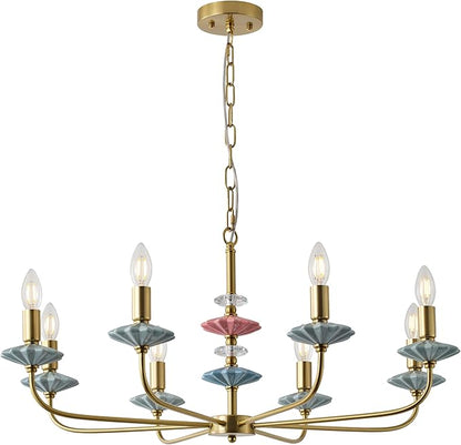 Brass Gold Chandeliers for Dining Room Light Fixture Over Table,8-Light Art Deco Chandelier, Modern Vintage Chandelier with Ceramic,Farmhouse Chandelier for Girls Bedroom Living Room, Foyer