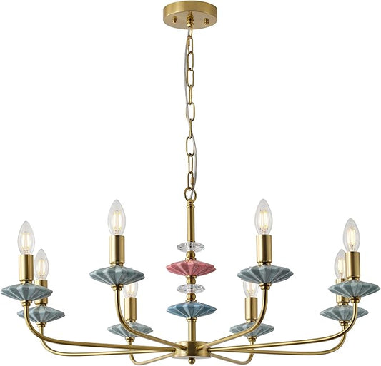 Brass Gold Chandeliers for Dining Room Light Fixture Over Table,8-Light Art Deco Chandelier, Modern Vintage Chandelier with Ceramic,Farmhouse Chandelier for Girls Bedroom Living Room, Foyer