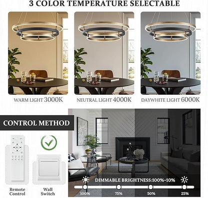Modern Brass Chandelier for Living Room LED 3-Ring Dimmabel Chandelier Black & Gold Light Fixture Round Entry Foyer Chandeliers Lighting for Dining Room Bedroom Office 24in