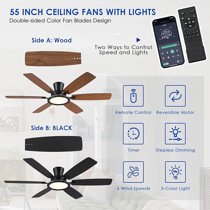 BYKISTOK 55in Black Flush Mount Ceiling Fan - RGB Low Profile Ceiling Fan Light with Remote-APP, Dimmable and 3CCT, Modern Fan with RGB Light for Indoor and Covered Outdoor