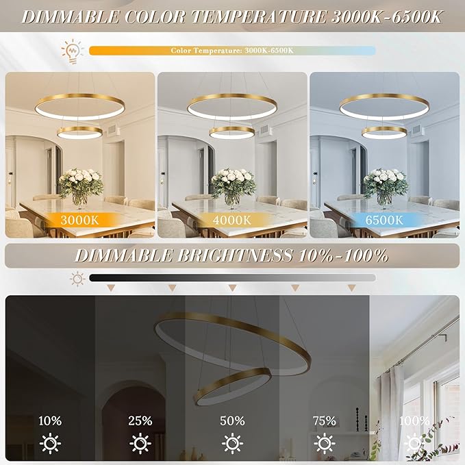 Gold LED Ring Chandeliers Modern 2-Ring Chandelier Dimmable Flush Mount Pendant Light Fixture Remote Control Contemporary Pendant Chandelier for Dining Room Bedroom Foyer (23.6"+11.8")