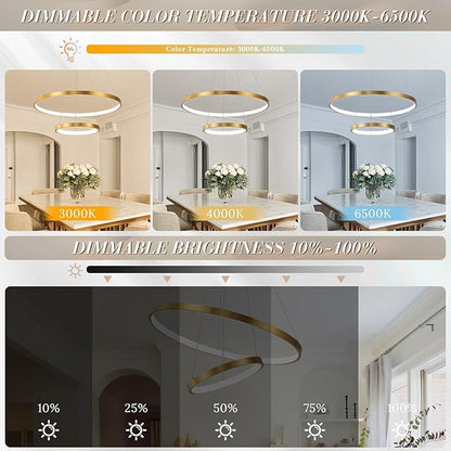 Gold LED Ring Chandeliers Modern 2-Ring Chandelier Dimmable Flush Mount Pendant Light Fixture Remote Control Contemporary Pendant Chandelier for Dining Room Bedroom Foyer (23.6"+11.8")