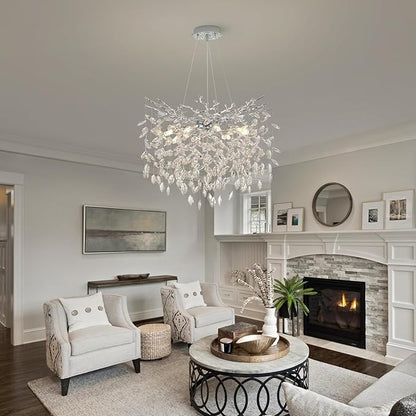 Tree Branches Chandeliers Luxury Round Crystal Pendant Light 8 Light Ceiling Hanging Light for Dining Room Bedroom Living Room Entryway 23.7" Silver