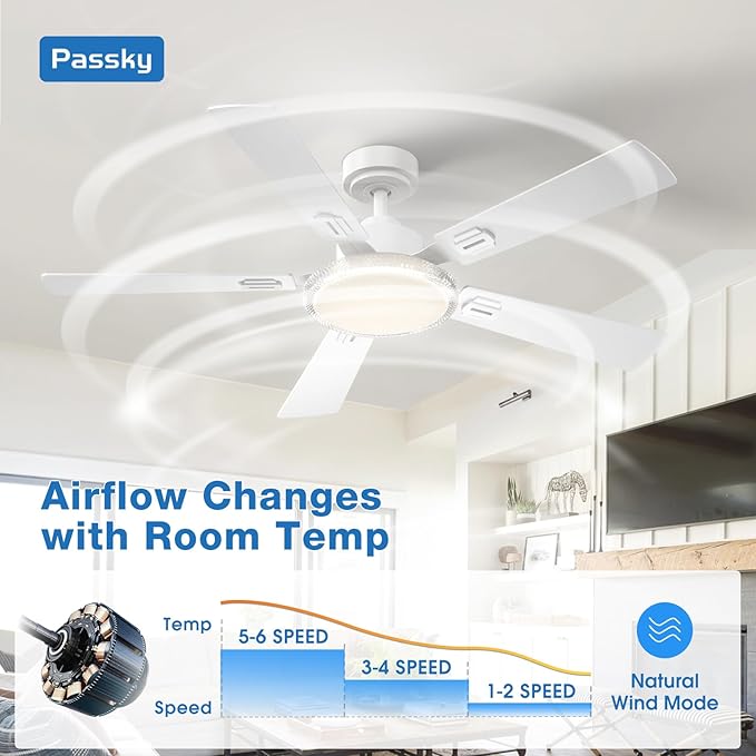 Passky Ceiling Fans with Lights, 52 inch Modern Ceiling Fan with Light and Remote Control, 3CCT, Dimmable, Reversible, Noiseless, White Ceiling Fan for Bedroom, Living Room