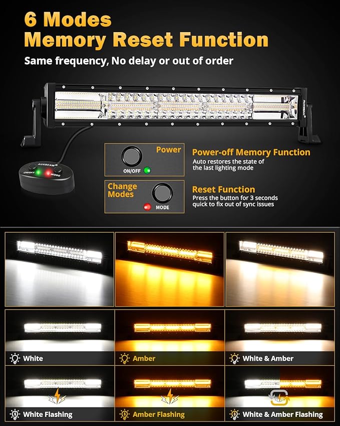Auxbeam 6 Modes Amber White Series 22Inch 120W LED Light Bar Dual Color Strobe Light Spot Flood Combo Flashing Warning Signal Off-Road Lighting for 4x4 SUV UTV ATV Trucks