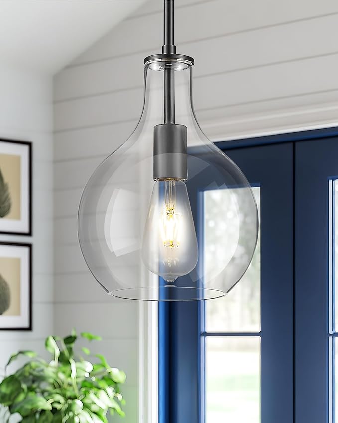 Emak 8 Inch Pendant Lights Kitchen Island, Modern Black Pendant Light with Clear Glass Shade, Farmhouse Hanging Light Fixture for Kitchen, Bathroom, Hallway, Dining Room, PL125-BK