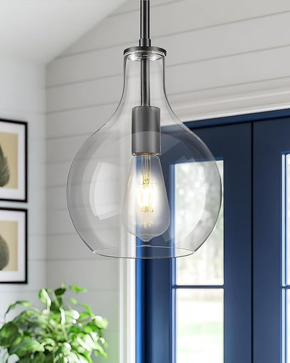 Emak 8 Inch Pendant Lights Kitchen Island, Modern Black Pendant Light with Clear Glass Shade, Farmhouse Hanging Light Fixture for Kitchen, Bathroom, Hallway, Dining Room, PL125-BK