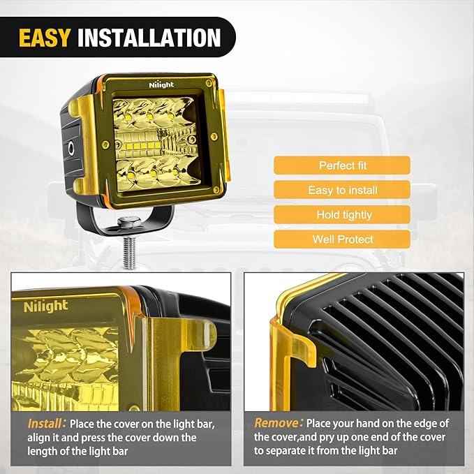 Nilight 3 inch Cube Light Pod Cover 2 PCS Yellow Protective Covers Durable Polycarbonate Lens Waterproof Dustproof Scratch-Proof for Square Lights Off Road Driving Lighting