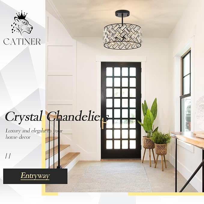CATINER Small Black Crystal Chandelier 12", Modern 4-Light Ceiling Light, Semi Flush Mount or Hanging Pendant with Adjustable Height for Kitchen Island, Entryway, Hallway