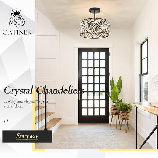 CATINER Small Black Crystal Chandelier 12", Modern 4-Light Ceiling Light, Semi Flush Mount or Hanging Pendant with Adjustable Height for Kitchen Island, Entryway, Hallway