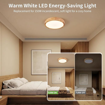 Modern LED Ceiling Light for Bedroom: Wood Flush Mount Light Fixture with Acrylic Lampshade - 3000K Not Dimmable Overhead Ceiling Lamps for Kitchen Hallway Living Room (11.8" 2 Pack)