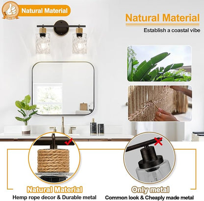 MOKATNG Bathroom Light Fixtures, 2-Light Coastal Vanity Lights with Crystal Glass Shade, Brown and Gold Bathroom Wall Lamp for Mirror Kitchen Hallway Cabinet