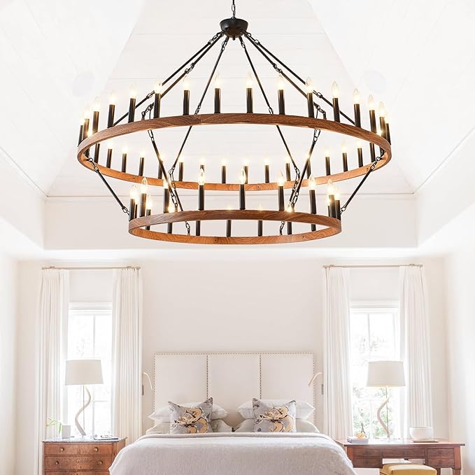 HHR 60" Wood-Grain Surface Double Tier Wagon Wheel Chandelier, 54-Light Extra Large Farmhouse Pendant Light Fixture, Round High Ceiling Chandelier for Dining Room Living Room Island Foyer Entryway E12