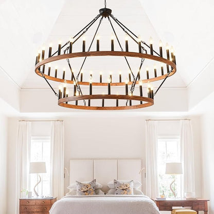 HHR 60" Wood-Grain Surface Double Tier Wagon Wheel Chandelier, 54-Light Extra Large Farmhouse Pendant Light Fixture, Round High Ceiling Chandelier for Dining Room Living Room Island Foyer Entryway E12