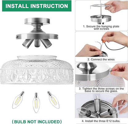 Lamomo Semi Flush Mount Ceiling Light,Upgraded Larger 12 Inch Silver Hallway Light Fixture,3 Light Globe Glass Close to Ceiling Scone, Indoor Hanging Light for Bedroom Kitchen Porch Hallway