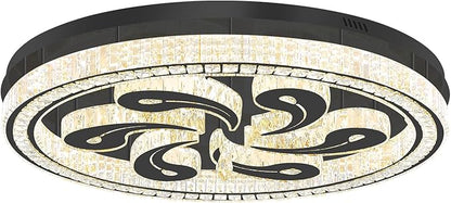 Modern Crystal Chandeliers for Dining Room Flush Mount Ceiling Chandelier for Living Room Dining Room Ring LED Crystal Ceiling Light (Round,40in Black,Dimmable 2700K-6500K)