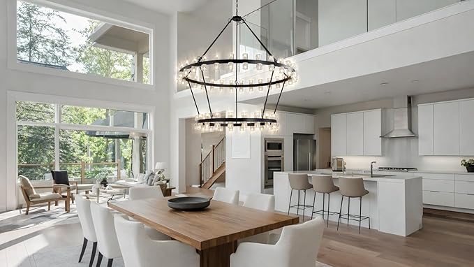 60 Inch Black Wagon Wheel Chandelier with Crystal Shade, 2 Tier 100 Lights, Modern Farmhouse Style, Ideal for Dining Room, Kitchen, Entryways