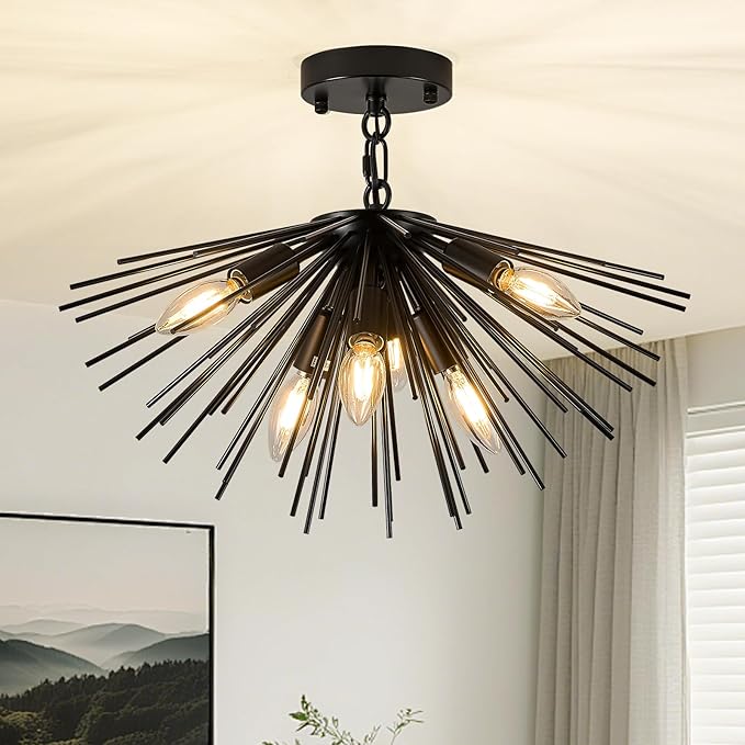Black Sputnik Ceiling Light, 6-Light Starburst Chandelier Ceiling Lights Mid Century Modern Satellite Flush Mount Light Solid Metal for Entry Kitchen Sink Dining Room