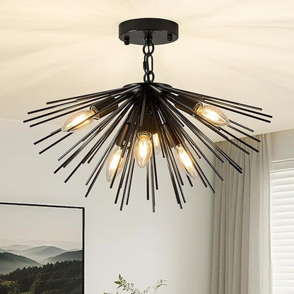 Black Sputnik Ceiling Light, 6-Light Starburst Chandelier Ceiling Lights Mid Century Modern Satellite Flush Mount Light Solid Metal for Entry Kitchen Sink Dining Room