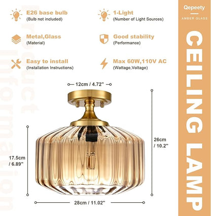 Mid Century Modern Flush Mount Light with Amber Striped Hand-Blown Glass Shade, 11.02" Gold Ceiling Fixture Farmhouse Close-to-Ceiling Lighting for Kitchen Dining Room Hallway