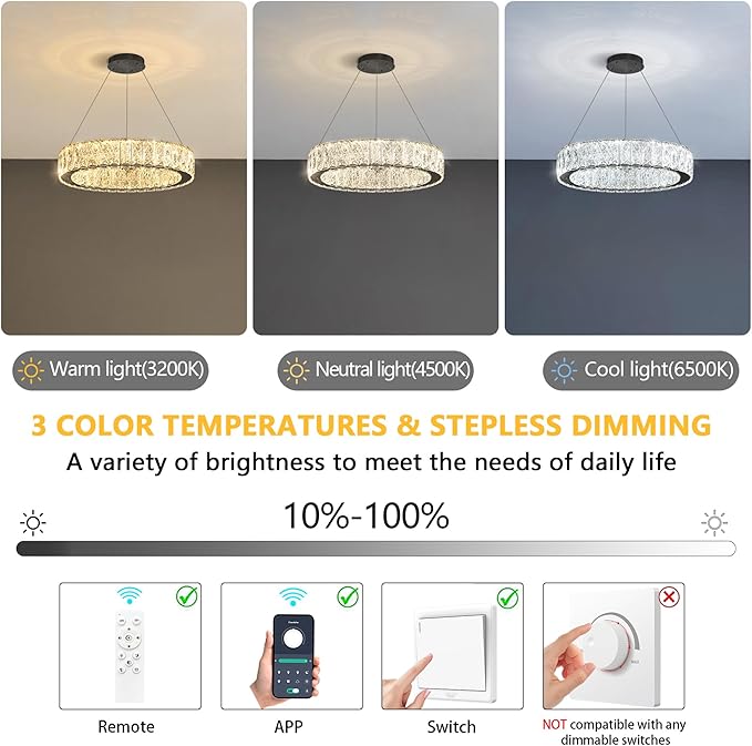 Modern Crystal Chandelier 15W LED Dimmable Lighting Fixture Adjustable Round Pendant Light for Dining Room Living Room Kitchen Bedroom Black