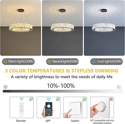 Modern Crystal Chandelier 15W LED Dimmable Lighting Fixture Adjustable Round Pendant Light for Dining Room Living Room Kitchen Bedroom Black