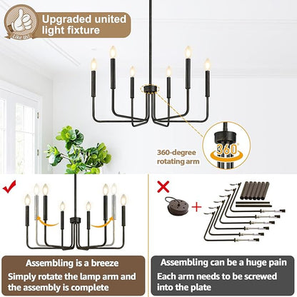 Rustic Black Chandelier, 6-Light Antique Farmhouse Chandelier for Dining Room Lighting Fixtures, Vintage Candle Pendant Light Fixtures Chandeliers for Dining Room Bedroom, Foyer and Living Room