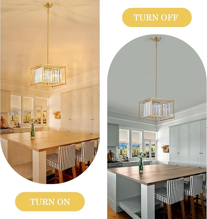 Square Crystal Small Mini Chandeliers 4-Light Gold Pendant Dining Room Light Fixture 13" Modern Farmhouse Adjustable Hanging Ceiling Lamps for Bedroom Entryway Hallway Pool Table