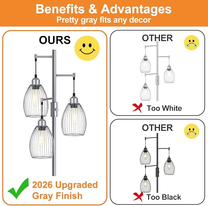 Torondo Dimmable Industrial Floor Lamps for Living Room, Gray Tree Standing Tall Lamps with 3 Elegant Teardrop Cage Head & 800 Lumens LED Bulbs for Bedroom Office