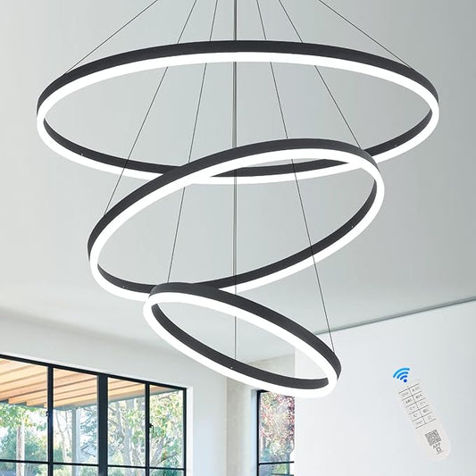 3-Rings D31.5’’ Modern LED Chandelier Black, Dimmable Pendant Lighting with Remote Control Circular Flush Mount High Ceiling Light for Living Dining Room Bedroom Foyer, 3000K-6500K