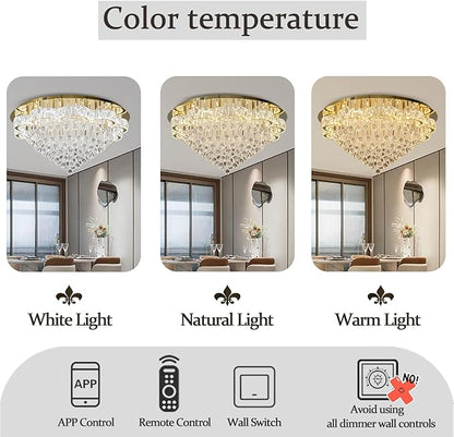 Flashing God 40inches Gold Chanderliers for Living Room Crystal Chandelier Ceiling Light Fixture Raindrop Pendant Light for Foyer Dining Room Hallway Bedroom LED Dimmable Lighting 2700k 4500k 6000k