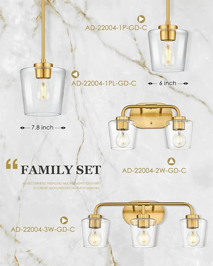 Pendant Lights Kitchen Island, 8" Brushed Gold Hanging Light Fixtures with Clear Glass Shade, Modern Kitchen Pendant Lighting Over Island for Dining Room, AD-22004-1PL-GD-C